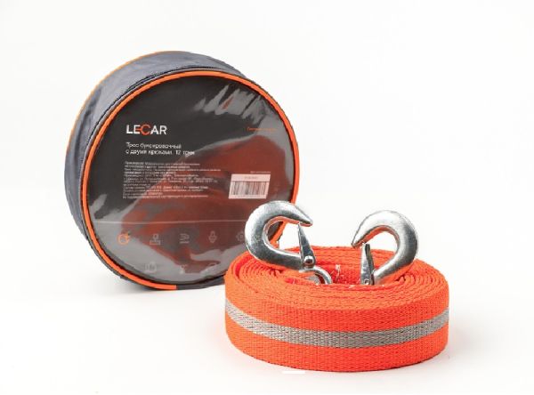 Трос буксировочный лента 12 т; 5 м; 2 крюка (фирм. упак. LECAR) /LECAR000060806/