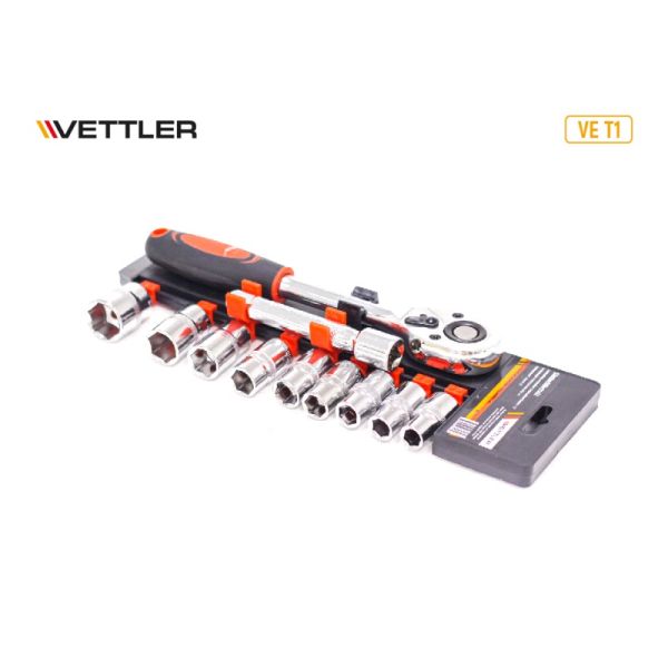 Набор головок 1/2" DR 6-ти гран 10-22мм на планке 12предм. (VETTLER) /VE-T1/